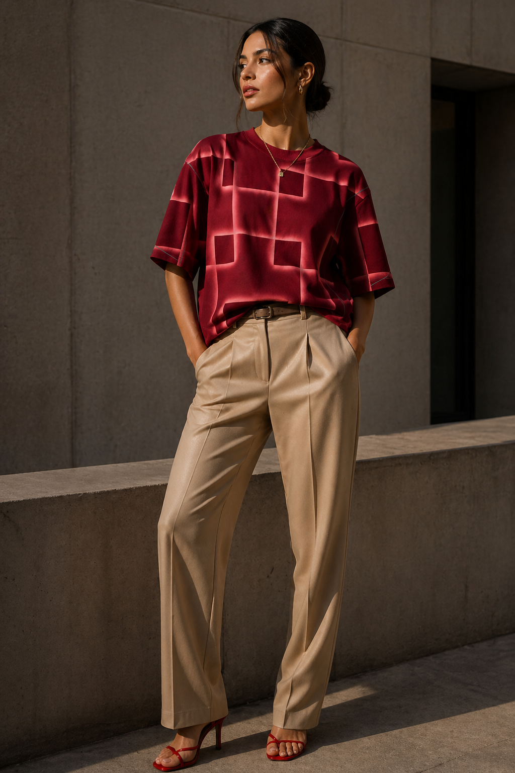 Crimson Grid Unisex Oversized T-shirt