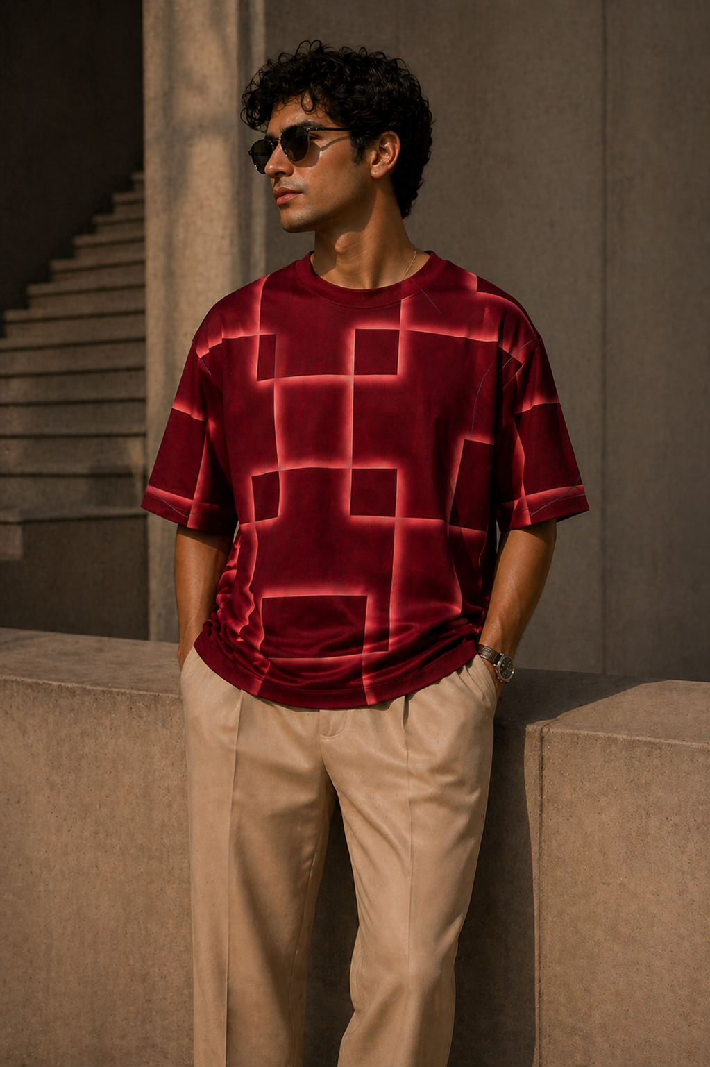 Crimson Grid Unisex Oversized T-shirt