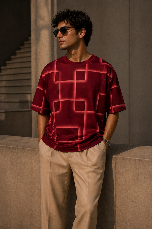 Crimson Grid Unisex Oversized T-shirt