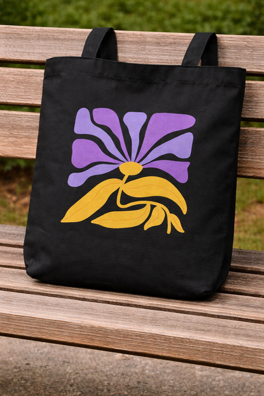 Outdoors, a woman carries the Violet Muse Tote by A Heartee Affair—an eco-friendly cotton canvas bag with a purple and yellow floral print. She pairs it with a light jacket, white top, purple pants, and stacked beaded bracelets.