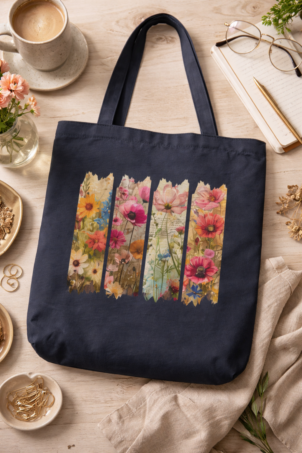 The Wild Bloom Tote by A Heartee Affair, a navy blue cotton canvas bag with a colorful floral design, rests on a wooden table among a notebook, glasses, coffee, flowers in a vase, jewelry, and other decorative items.