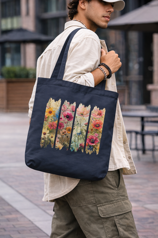 The Wild Bloom Tote by A Heartee Affair, a navy blue cotton canvas bag with a colorful floral design, rests on a wooden table among a notebook, glasses, coffee, flowers in a vase, jewelry, and other decorative items.