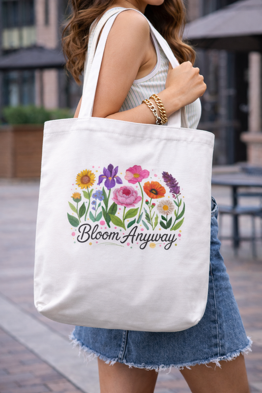 The Bloom Era Tote by A Heartee Affair, a white cotton canvas bag with colorful illustrated flowers and "Bloom Anyway" text, rests on a woven chair with a vase of flowers and table in the background.