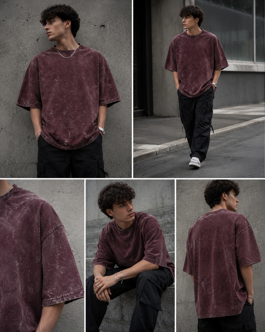 Maroon Unisex Acid Washed Oversized Tee