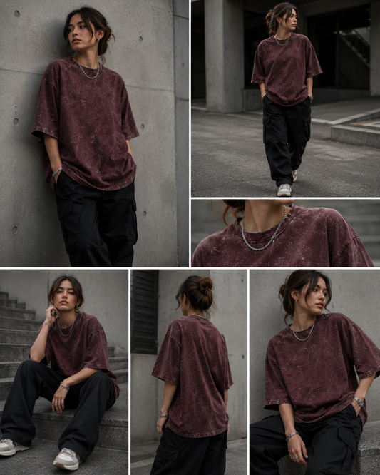 Maroon Unisex Acid Washed Oversized Tee